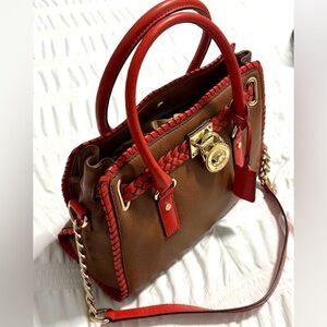 Michael Kors Brown and Red Braided Hamilton Satchel Medium size